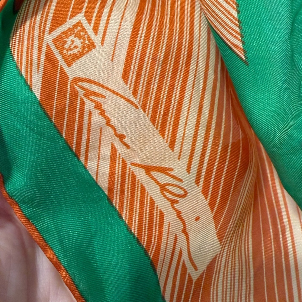 Anne Klein Silk Square Scarf Orange Green Striped Vintage - Picture 4 of 4
